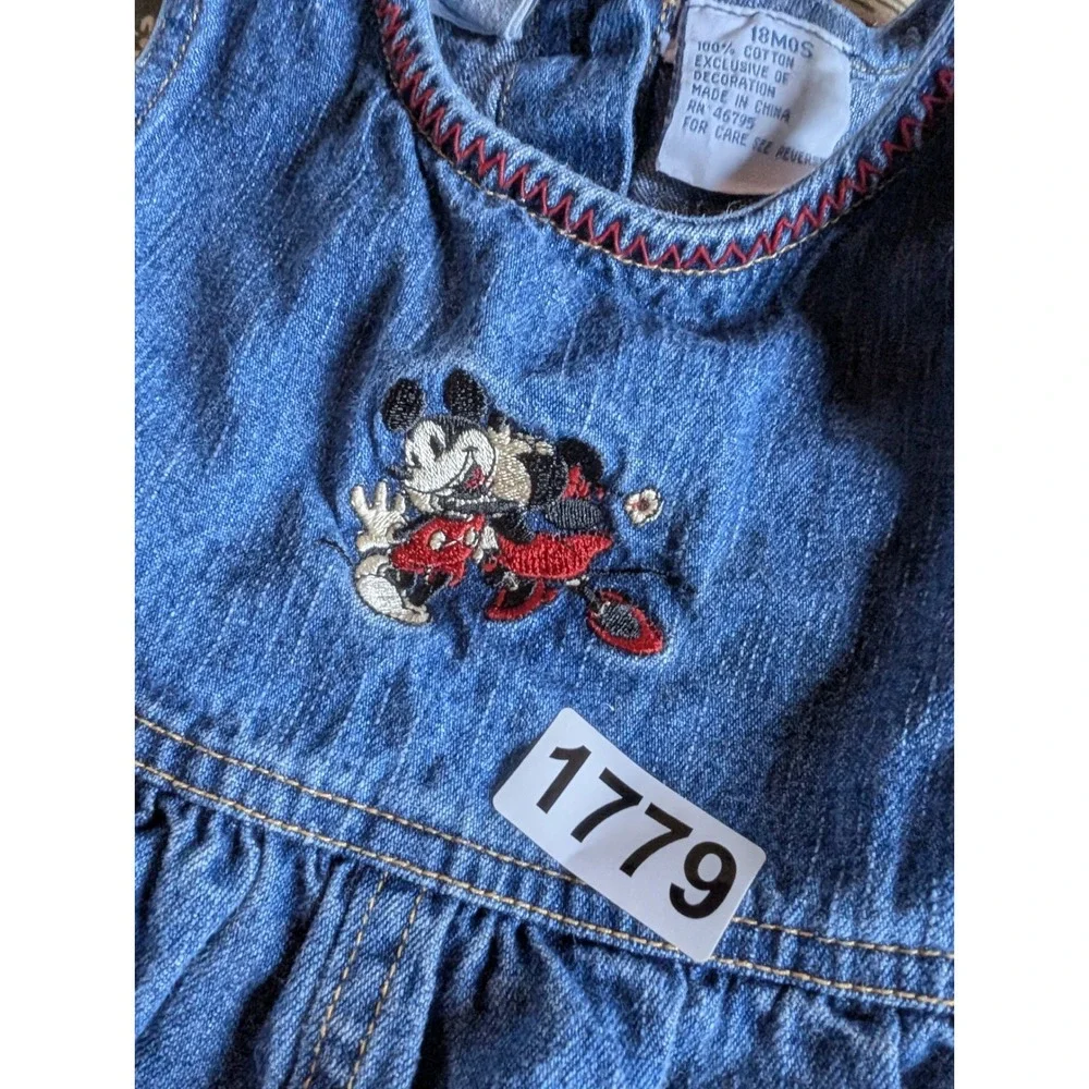 Vintage 90s Minnie Mouse Denim Overall Dress 18 Months Embroidered Mickey Kiss